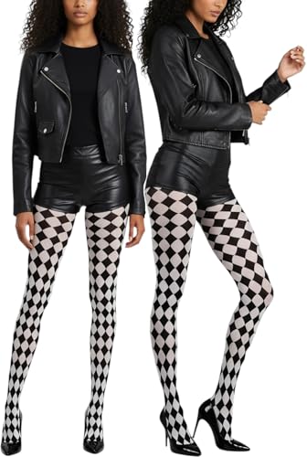 Image of ToBeInStyle Women's Harlequin Checkered Diamond Optical Illusion Opaque Tights Pantyhose - Black & White