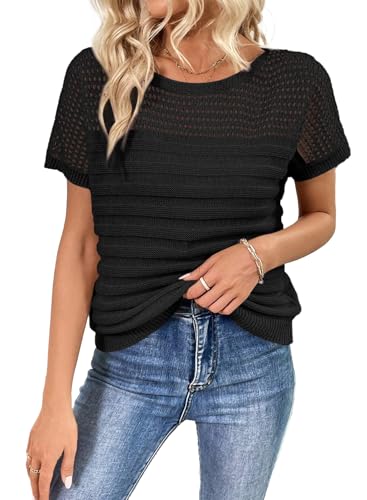 Image of SHEWIN Womens Sweaters Crew Neck Short Sleeve Shirts Summer Tops Knit Hollow Out T Shirts Sweater Blouses