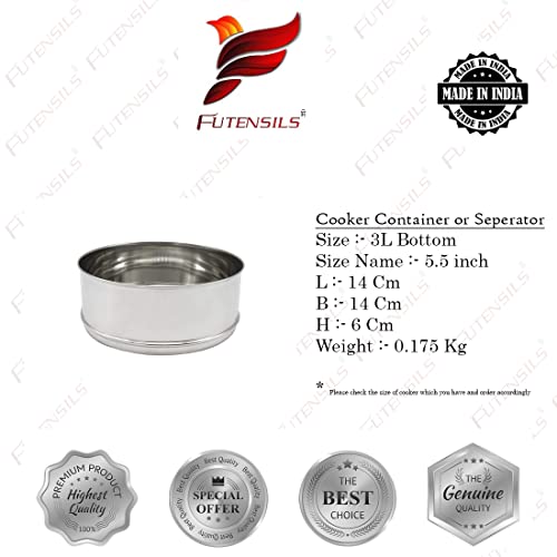 Image of FUTENSILSSS Cooker Separator 3L (5.5 x 2), Suitable for3 liters Hawkins Pressure Cookers (2 Containers with Lifter, Stainless Steel, Without Lid)