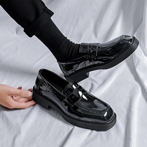 Men's Patent Leather Chunky Heel Business Penny Loafers Retro Square Toe Chunky Platform Non-Slip Slip-On Work Wedding Formal Shoes4
