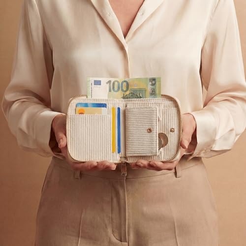 MillyMilk® Kord Geldbeutel Fondo – Mini Portemonnaie für Frauen – Pastellfarbene Stoff Geldbörse aus Cord für Damen klein – Damenbörse für Karten, Münzen & Scheine - Kompakt & formstabil (BEIGE)