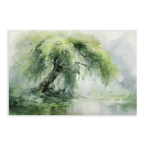 Weeping Willow Tree Green Lakeside Landscape Watercolor Modern Abstract Canvas Wall Art Decor Minimalist Poster Printing for Living Room Bedroom Bathroom Contemporary Aesthetic Painting Home 12x08inch