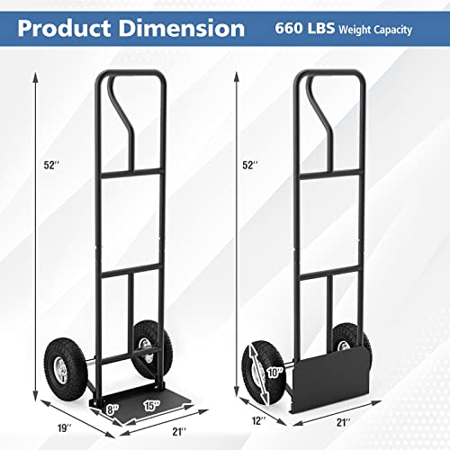 Goplus Hand Truck, P-Handle Hand Truck Dolly W/Vertical Loop Handle, 10” Pneumatic Rubber Wheels, 15”X 8” Foldable Nose Plate, 660Lbs Capacity, Heavy Duty Metal Dolly Cart For Lifting, Stairs (Black) #TOP6