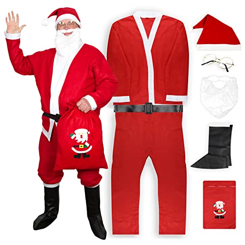 Moshify Santa Claus Costume - Santa Suit for Men Complete Adult 8 Piece Set - Perfect Outfit for Events Pub Crawls and Santa Runs - Be The Star This Holiday Season in a Mens Santa Claus Costume