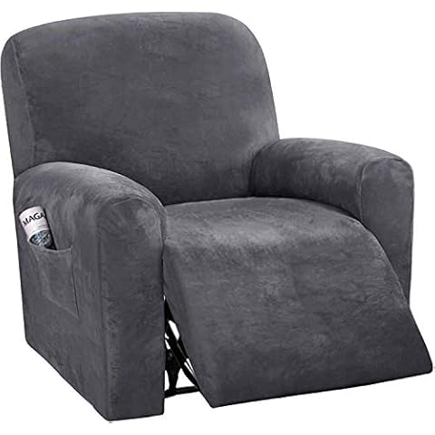 LINGKY 4-Pieces Recliner Sofa Covers Velvet Stretch Reclining Couch Covers for 1 Cushion Sofa Slipcovers Thick Soft Washable Furniture Covers with Elastic Bottom (Gray) Cover