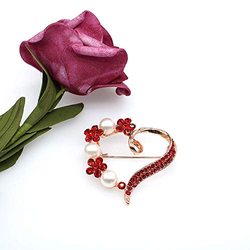Heart Brooch For Women Cluster Pave Clear Crystal Love Heart Pearl Brooch Pin Wedding Party Clothes Accessories (Rose Gold Red Crystal+White Pearl) #TOP3