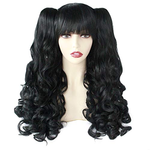 JoneTing Black Wig with Bangs for Costume Black Wig Cosplay Lolita Wigs With Long Curly Wig