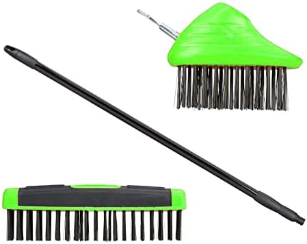 Vivo Technologies 3 in 1 Telescopic Weed Remover Brush Wire Head Paving Decking Clean Scrub Moss Weed Remover Tool Wire Brush Scraper Set with Metal Broom & Weed Removal Head Green