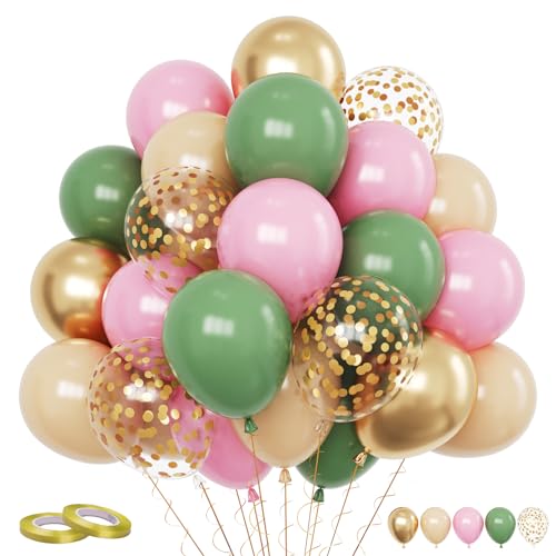 Image of Pink and Green Balloon, 60PCS Sage Green Party Balloon, 12Inch Olive Pastel Pink Balloons Metallic Gold Confetti Balloons for Baby Shower Wedding Jungle Cactus Birthday Party Decoration