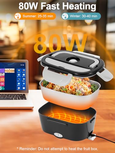 Image of 80W Electric Lunch Box for Adults, 1.5L Stainless Steel Food Warmer Lunchbox, 12V /24V /110V Portable Heated Lunch Box for Car /Truck /Office, Leak-Proof, Dishwasher-Safe with Fork & Spoon (Black)