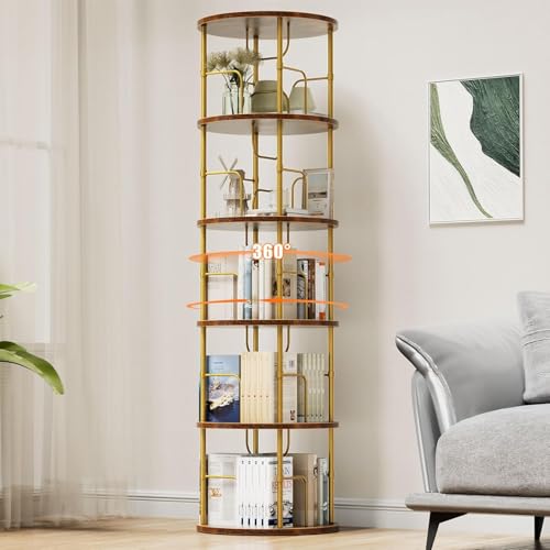 Flycity 360° Drehbares Bücherregal aus Holz, Standregal mit 5 Verstellbaren