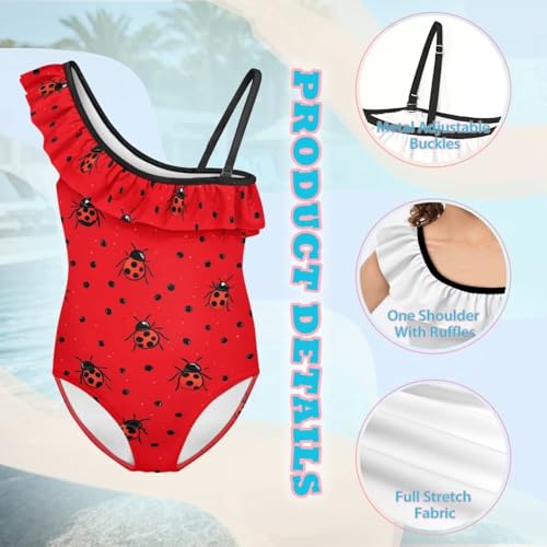Image of Ladybug Swimsuits for Girls 5-14 One Piece Bathing Suit Kids One Ruffle Shoulder Beach Sport Swimwear