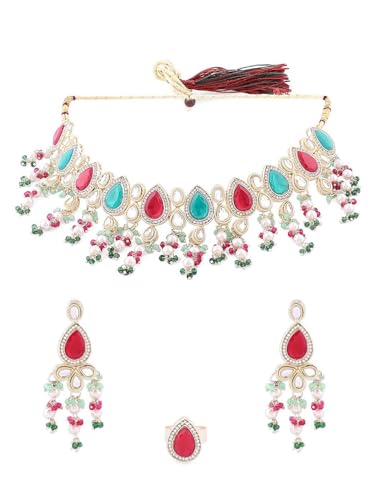 Set de joyas Kundan DMZ-1884 chapado en oro para lucir en bodas y eventos especiales