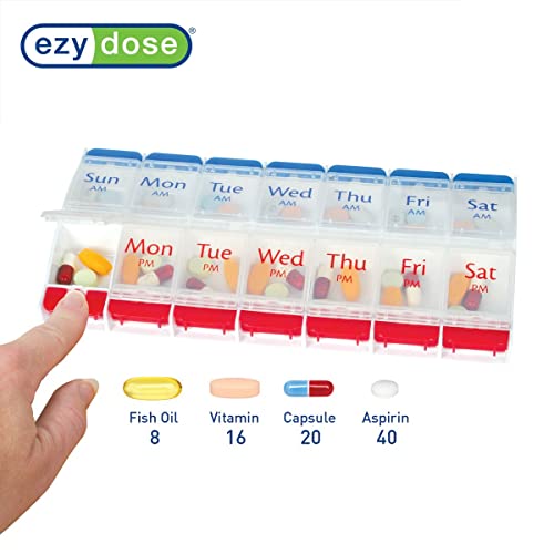 Image of EZY DOSE Push Button (7-Day) Pill Case, Medicine Planner, Daily Vitamin Organizer, 2 Times a Day AM /PM, Large Compartments, Arthritis Friendly, Easy to Use, Clear Lids, Red /Blue, BPA Free (Pack of 2)