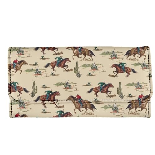 Image of AFPANQZ Horse Cactus Print Women's PU Leather Three Fold Wallet, Long Trifold Clutch Purse, Credit Card Money Organizer with ID Window
