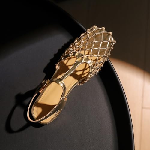 Mesh Mary Jane Flats for Women Gold Hollow Sandals Slip on House Slippers Wide Sparkly Dress Shoes Square Toes T-Strap Slingback Retro Lightweight Breathable Summer Casual Walking Slides Low Heels4