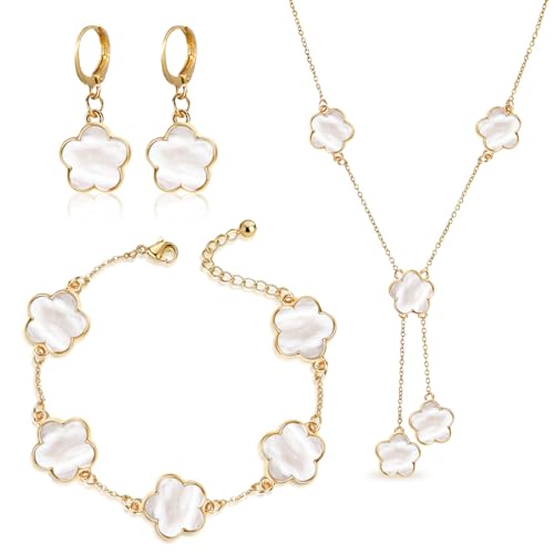 Ensemble de Bijoux Acier Inoxydable Femme, Collier Trefle a 5 Feuille, Bracelet Trefle, Boucles d'Oreilles en Acier Inoxydable 18K Or Rose - Cadeau pour...