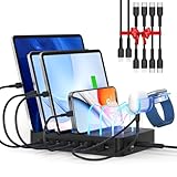 SooPii 90W Stazione di Ricarica a 6 porte Caricatore USB con ricarica rapida USB C PD da 20W, supporto 2 in 1, 6 cavi corti inclusi per lPhone, lPad, tablet e altri dispositivi elettronici, nero