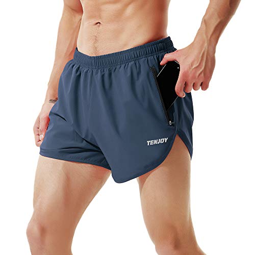 TENJOY, Pantalones cortos de correr para hombre, pantalones cortos deportivos de 8 cm con bolsillo con cremallera, Azul marino, Medium