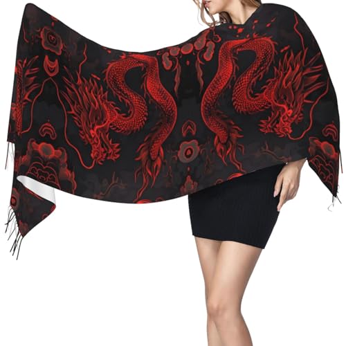 Red Dragon On Black Pashmina Shawls Scarf Wraps for Women, Fall Winter Large Blanket Scarf Fashion Scarves3
