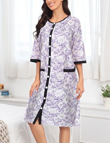 Image of Bloggerlove House Dress Women Cotton Snap Front Nightgown 3 /4 Sleeve Housecoat Duster Robe with Pockets Moomoo Patio Dress