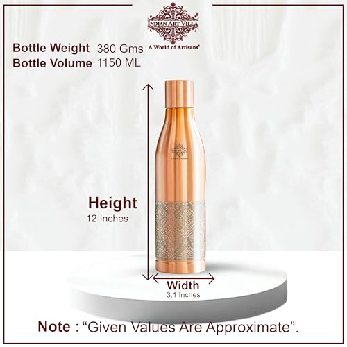 Image of INDIAN ART VILLA Pure Copper Water Bottle, Half Embossed Lacquer Coated Bottle for Drinking Water, Ayurvedic Health Benefits, Leak Proof Bottle for Home, Office, Travel & Gifting, 1150 ML
