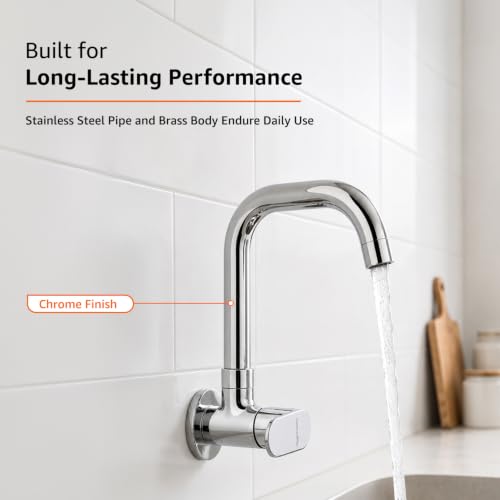 Image of Amazon Basics Rectangular Kitchen Faucet | Cold-Only Single Lever Sink Tap with 360 Degree Swivel Spout | Aerated Water Flow | 15mm / 1 /2 BSP | Kitchen Use [Chrome]