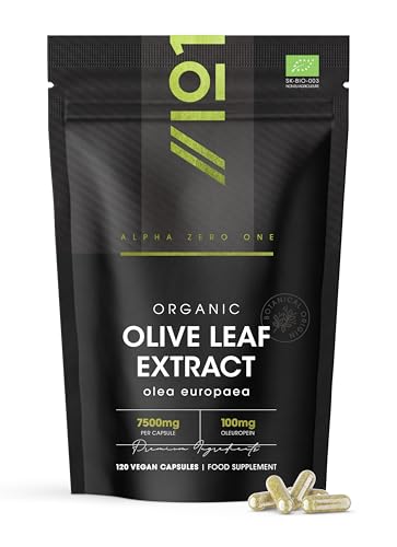 Organic Olive Leaf Extract Capsules 7500mg - 20% Oleuropein 120 Vegan Capsules - Resealable and Recyclable Pouch by Alpha01
