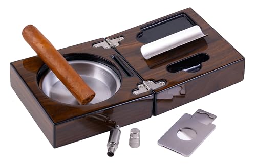 Prestige Import Group Folding Wood Cigar Ashtray Set with Guillotine Cutter, Punch Cutter, Cigar Bed and Stainless Steel Ash Reservoir - Color: Walnut