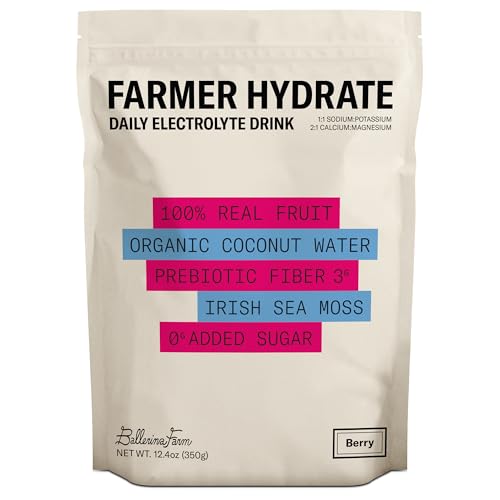 Ballerina Farm Farmer Hydrate Daily Electrolytes Powder Hydration Drink Mix with Organic Coconut Water Irish Sea Moss Sea Salt Prebiotic Fiber No Added Sugar 25 Servings (Mixed Berry)