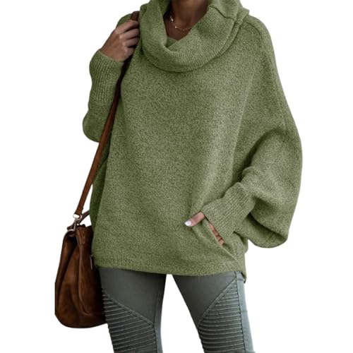 Foreseew Pull à col roulé uni pour femme, pull tendance ample et décontracté à col bénitier avec poches, Vert, L