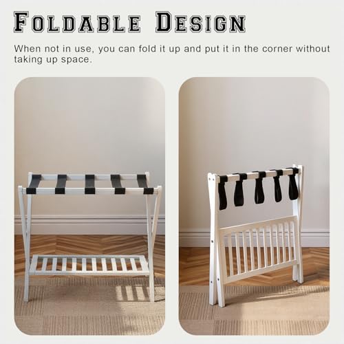 Image of Bamboo Luggage Rack with Shoe Shelf Folding Suitcase Stand with 5 Heavy-Duty Straps for Guest Room Living Room Hotel Ideal Luggage Holder for Suitcases Bags Shoes,White