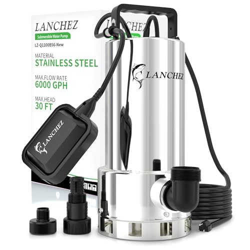 LANCHEZ 1.6HP 6000GPH Sump Pump, Stainless Steel High Flow Submersible Water Pump with Float Switch, Automatic Transfer Water Pump for Swimming Pool Basement Flooded Pit Sewage Sink Tub, Silver