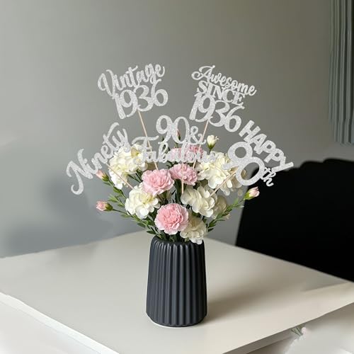 Image of 15 PCS 90th Birthday Centerpiece Sticks Ninety Happy 90 Vintage 1936 Table Flower Centerpieces Sticks Cheers to 90 Fabulous Floral Decorations for 90th Birthday Party Supplies Silver
