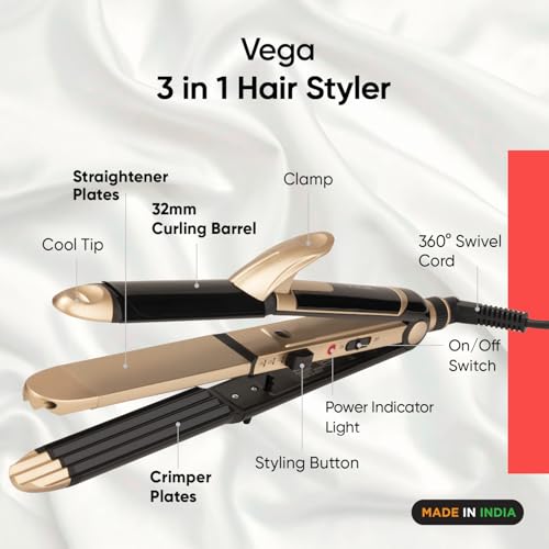 Image of Vega 3 in 1 Hair Styler for Women, (India's No.1 Appliance Brand) | Straightener, Curler and Crimper, Quick Heat up, Suitable for All Types, Gold-Black (VHSCC-01)