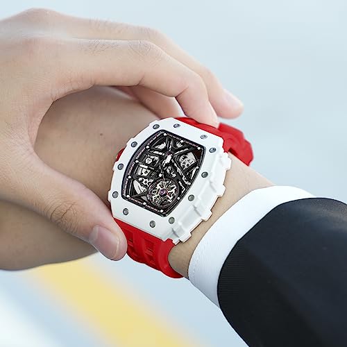 Image of TSAR BOMBA Men's Automatic Watch Tonneau Luxury Skeleton Watches for Men Mechanical 50M Waterproof Analogue Watches Mens Unique Cool Square Big Face Dial Wristwatch with Silicone Strap Band