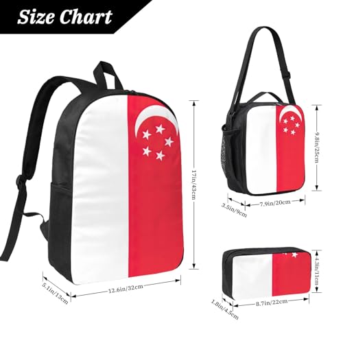 Singapore Flag print Shoulder Bookbags Lunch Bag and Pen Case 17 inches Backpack with Lunch Box, Cute Bookbag Set4