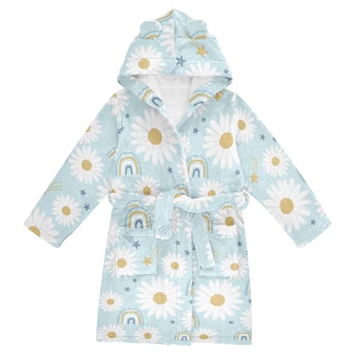 WIFIU Toddler Baby Hooded Bathrobe for Boys Girls Daisies Printed, Soft Plush Bath Towel Robe with 2 Pockets Rainbow and Star for 10-12 Years