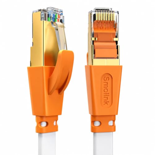 Image of Smolink Cat 8 Ethernet Cable 100ft, 40Gbps 2000MHz Flat LAN Cable | SFTP Shielded Flat Cable with Gold Plated RJ45 Connector for Router, Modem, Switch, Gaming PC, PS5, Xbox, White