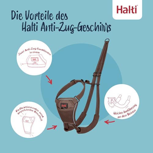 HALTI No Pull Anti-Zug Geschirr - Verhindert, dass Ihr Hund an der Leine zieht, Gepolsterter Brust- und Beingurt, Reflektierendes Gurtmaterial, Einfache Anpassung und Benutzung (Größe L, Walnussbraun)