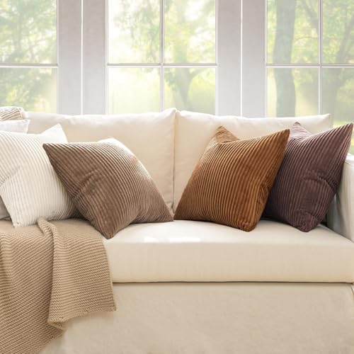 Image of MIULEE Boho Farmhouse Throw Pillow Covers 24x24 Inch Set of 4 Rustic Mordern Neutral Cushion Covers Soft Corduroy Nordic Home Decor for Couch Bed Sofa Living Room Brown