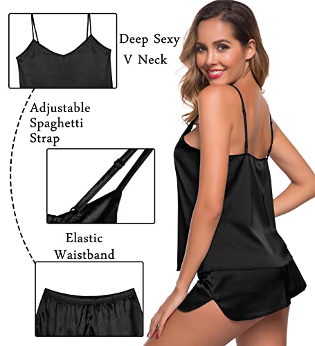 Image of SWOMOG Womens Silk Satin Pajamas Sets 4pcs Sleepwear Sexy Cami Shorts Set and Button Down Short Sleeve Pjs Loungewear