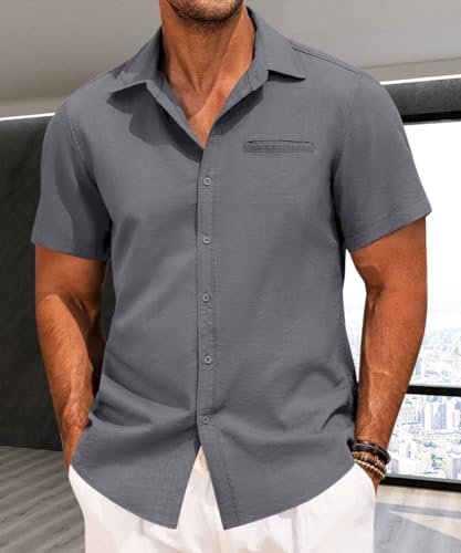 PORCLAY Short Sleeve Shirts for Men Summer Casual Button Down V Neck Tops Collared Solid Beach Blouses3