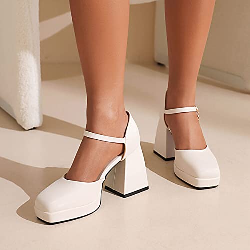 CoceMoce Trendy Chunky Platform Heels for Women Thick Block High Heel Pumps Closed Square Toe Ankle Strap Dressy Shoes Evening Party Work Office Dancing Wedding4