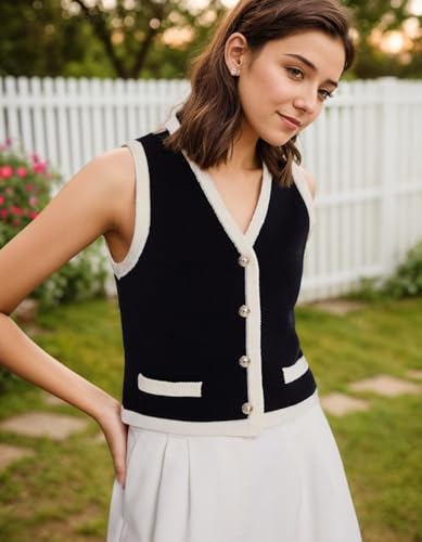 Image of Kedera Women's Sleeveless Knit Striped Sweater Vest Tank Tops Summer Slim V Neck Trendy Pullover, X-Large