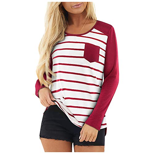 Camiseta feminina, listrada, casual, manga solta com bolso, Vermelho, L
