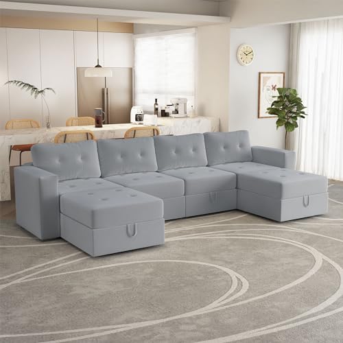 Image of QHITTY U Shaped Sectional Modular Sofa, 6 Seater Accent Couch with Hidden Extra Large Storage Space for Living Room, Grey