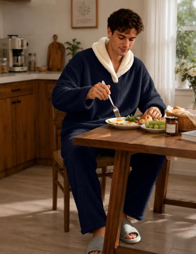 Image of Mens Fluffy Coral Fleece Pajamas Set Pullover Pants Loose Plush Warm Loungewear Sleepwear