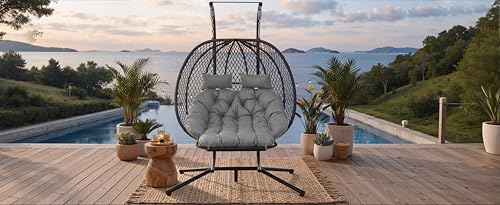 Fauteuil Suspendu Œuf pour 2 Personnes, Balancelle Double avec Coussin et Repose-Pieds, Chaise Suspendue pour Jardin et Intérieur, Structure Acier (Grey)