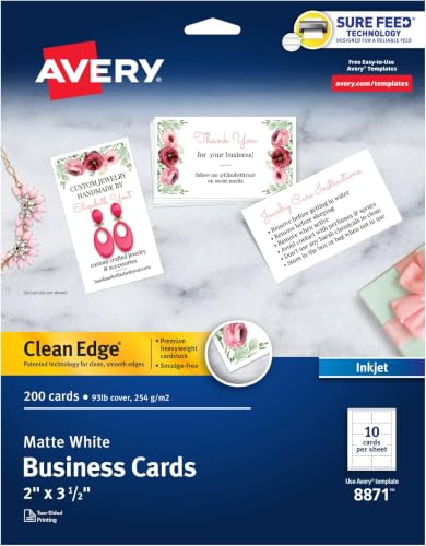 Image of AVERY Business Cards, 2 inch x 3.5 inch, White, 200 Cards | Clean Edge | Sure Feed Technology | For Inkjet Printers | Pack of 5